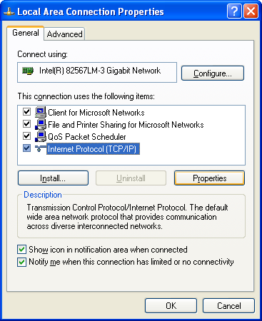 Click Internet Protocol (TCP/IP) then click Properties: